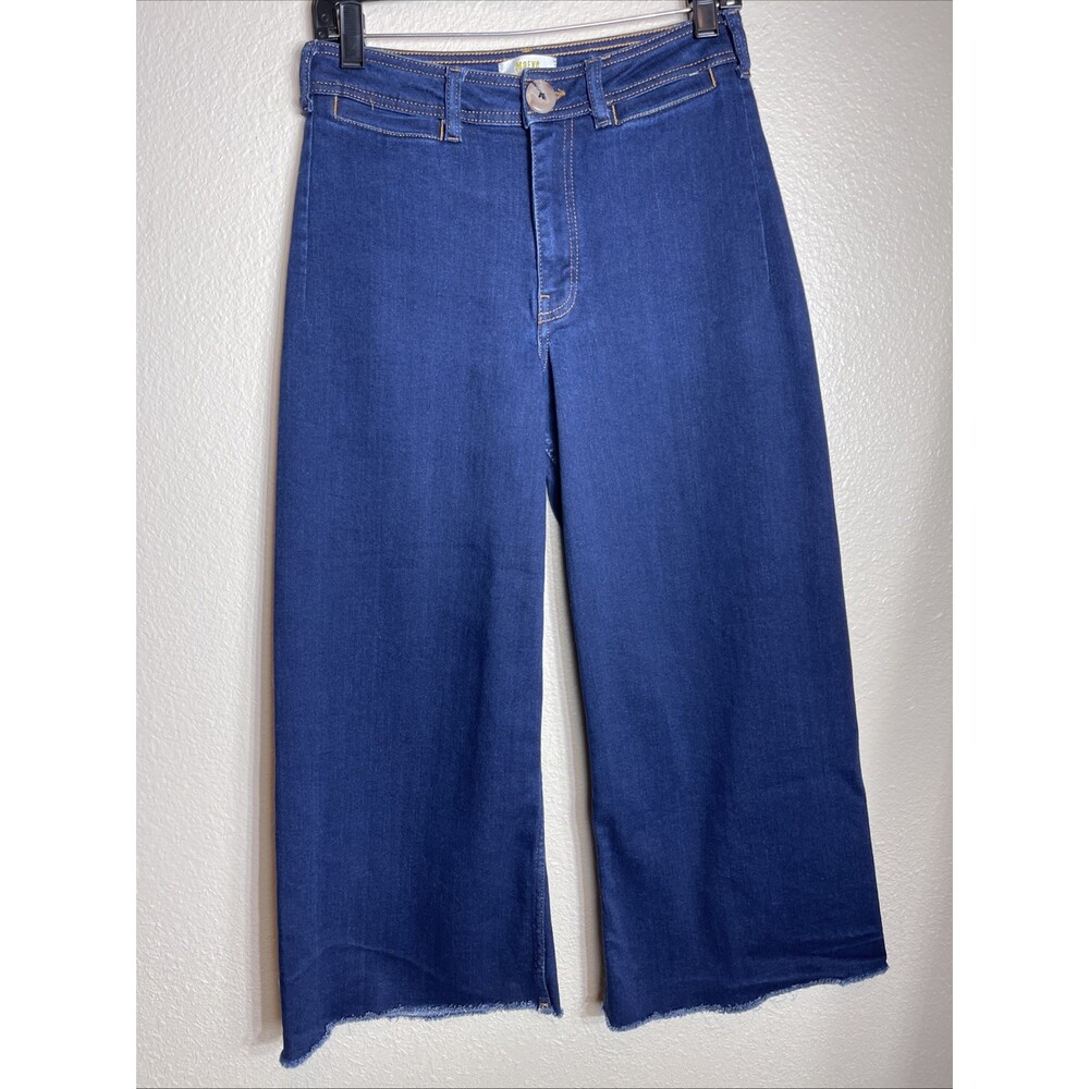 Maeve Anthropologie Women's Size 29P Wide Leg Raw Hem Dark Wash Denim Crop Jeans